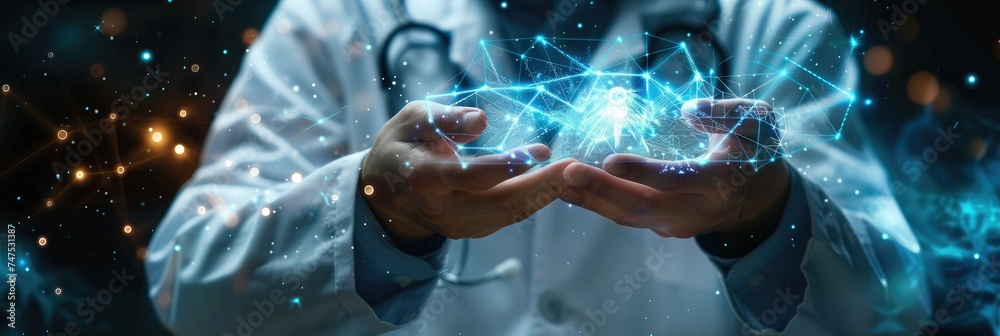Aufkleber Doctor hold health icon. Digital healthcare and network connection on hologram virtual interface. digital healthcare and network. Generative AI.