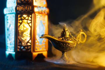 Arabic oil lamp. Festive greeting card, invitation for Muslim holy month Ramadan Kareem. 
