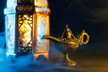 Arabic oil lamp. Festive greeting card, invitation for Muslim holy month Ramadan Kareem. 