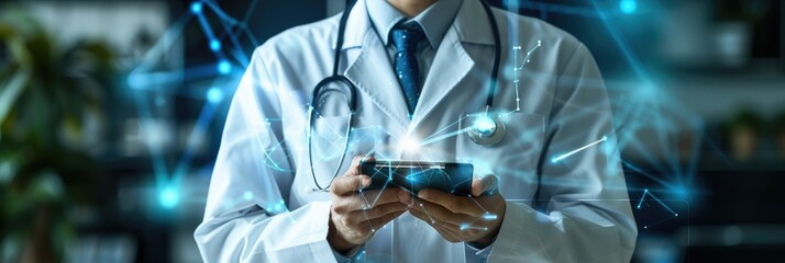 Doctor hold health icon. Digital healthcare and network connection on hologram virtual interface. digital healthcare and network. Generative AI.