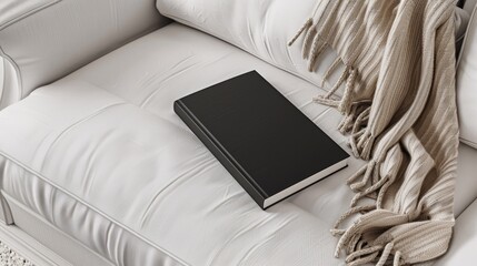 a closed slim B-format black softcover book placed prominently on a white chic sofa, accompanied by an oatmeal-colored wool blanket, creating a cozy and inviting atmosphere.