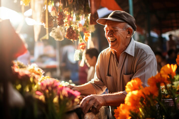Joyful Senior Man at Flower Market
