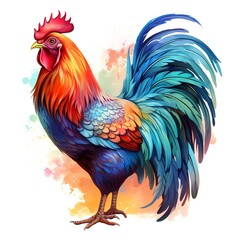 Fototapeta premium Vector illustration of an Asian rooster with bright colors and sharp eyes on a white background with grass