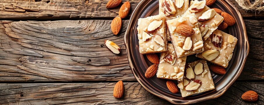 image of oriental dish burfi on plate with delicious almond placed on wooden table