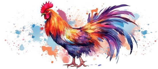 Vector illustration of an Asian rooster with bright colors and sharp eyes on a white background with grass