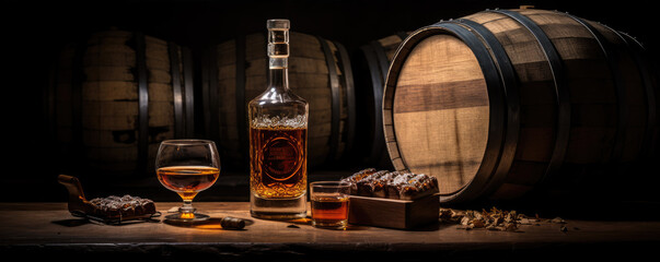 Whiskey in glass with ice against wooden barrel.