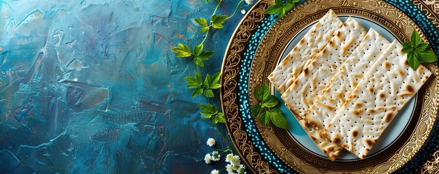 top view of matza and plate with happy passover greeting, jewish Passover holiday concept