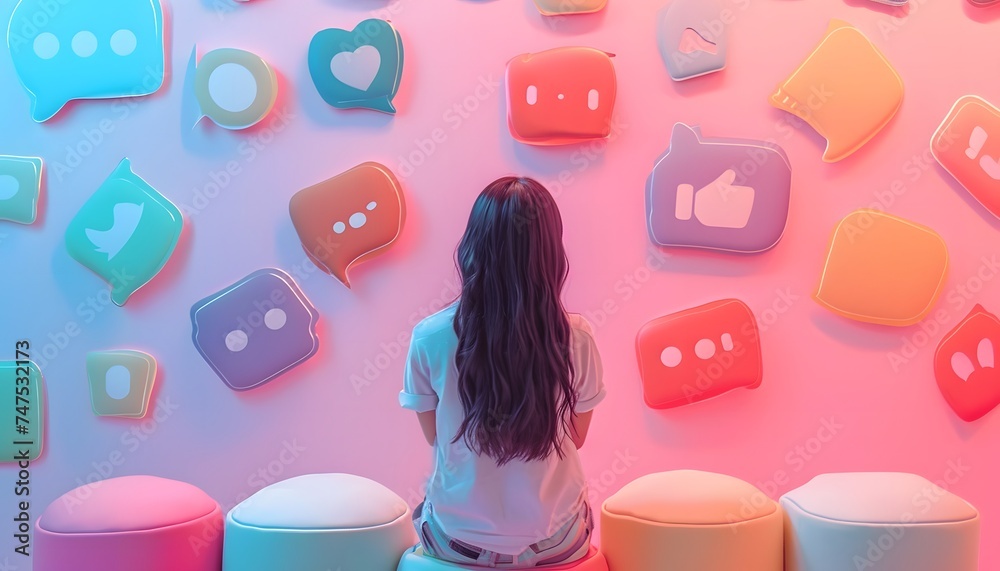 Wall mural teen girl sitting looking at social media icons text chat bubbles communication