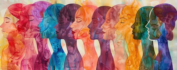 Abstract colorful art watercolor painting depicts International Women's Day, 8 March of different...