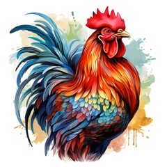 Vector illustration of an Asian rooster with bright colors and sharp eyes on a white background with grass
