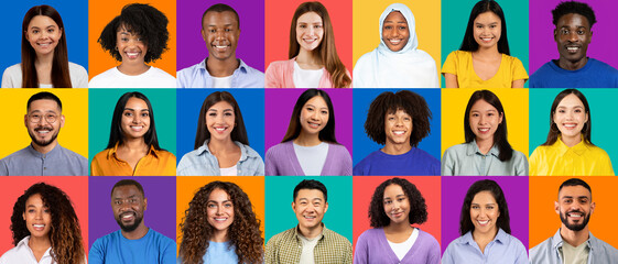 A grid of smiling faces from various ethnic backgrounds, each person radiating positivity