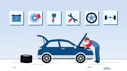 Home garage with car, tools hanging on the wall, a man is repairing the car vector illustration - obrazy, fototapety, plakaty