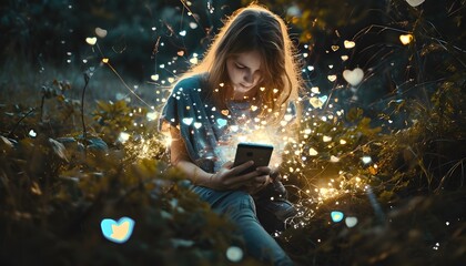 teen girl sitting in field of grass at night on phone with magical hearts lighting up around her love emotion 