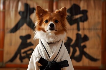 dog wearing black belt karate uniform in dojo funny cute  - obrazy, fototapety, plakaty