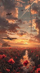 Lest We Forget: Sunset Tribute with Poppy Field and WW2 Planes on Remembrance Day