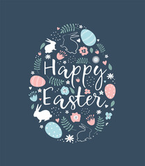 Easter elements in the shape of an egg. Easter bunnies, Easter eggs, flowers, hearts, leaves on blue background. Happy Easter Greeting Card template. Vector illustration