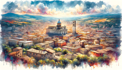 Panorama of Italian summer cityscape. Oil painting of old city center. Toskana landscape - obrazy, fototapety, plakaty