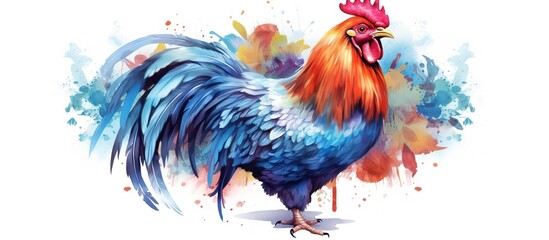Vector illustration of an Asian rooster with bright colors and sharp eyes on a white background with grass - obrazy, fototapety, plakaty