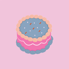 The cake is hand drawn in retro style. Concept of celebration, birthday, wedding, party. Isolated vector illustration.