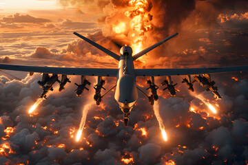 rotate the MQ-9 Reaper drone's by 180 degrees in this image. Add explosions to the scene below