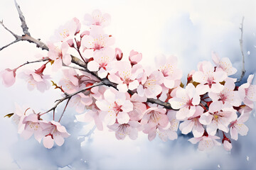 Artistic depiction of a blooming cherry blossom branch with pink flowers