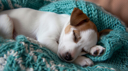 Jack russell terrier puppy sleeping on a soft blanket.