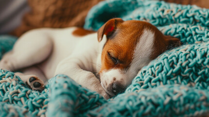 Jack russell terrier puppy sleeping on a soft blanket.