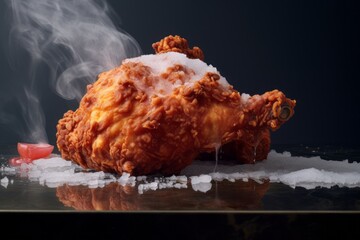 Detailed close-up photography of a tasty fried chicken on a marble slab against a velvet background. AI Generation