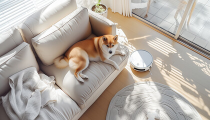 Fototapeta na wymiar Cute purebred funny Shiba Inu lying on comfortable sofa with modern vacuum cleaner robot smart device cleaning living room. Allergy prevention during home pets Fur Moulting, smart home technology.