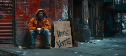 Tuinposter Lonely homeless man dressed old clothes sitting on the dirty littered narrow american big city street next to waste bin with VOTE sign cardboard. Social issues, american elections concept image. © Train arrival