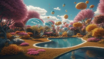 an abstract landscape with pink trees and large transparent bubbles near the pool
