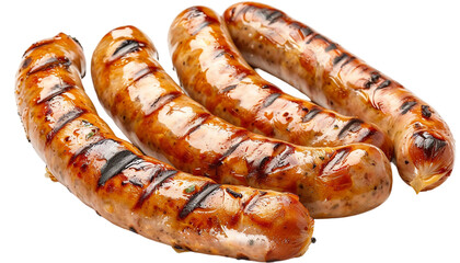 Grilled sausages isolated on transparent background. Top view.