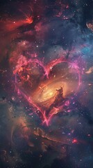 A celestial spectacle with love-themed galaxies arranged in a heart shape, bathed in...