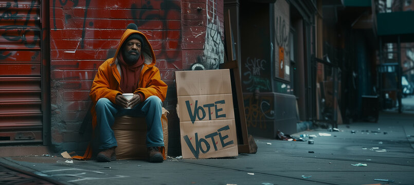 Lonely homeless man dressed old clothes sitting on the dirty littered narrow american big city street next to waste bin with VOTE sign cardboard. Social issues, american elections concept image.