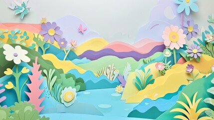 Fototapeta na wymiar A lush spring countryside scenery, paper-cut art concept