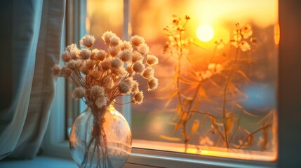 A vase filled with fluffy dried flowers sits on a window sill, illuminated by the sunset