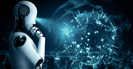 XAI 3d illustration Thinking AI hominoid robot analyzing hologram screen shows concept of network global communication using artificial intelligence by machine learning process. 3D rendering computer