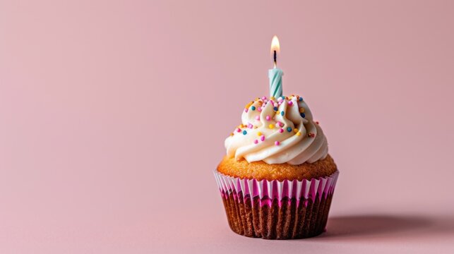 birthday minimalist vivid background with cupcake with candle