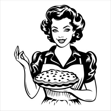 Retro Young Woman With Fresh Baked Pies. Retro Clipart Illustration