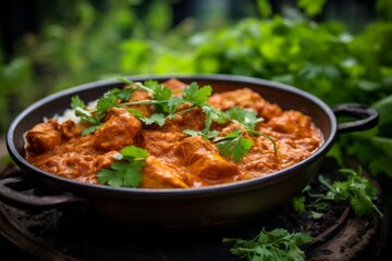 Highly detailed close-up photography of a refined  chicken tikka masala in a clay dish against a green plant leaves background. AI Generation