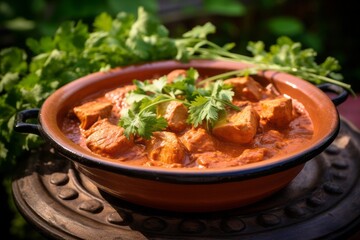 Highly detailed close-up photography of a refined  chicken tikka masala in a clay dish against a green plant leaves background. AI Generation