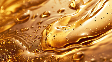 Serum oil with bubbles, motor oil concept background, gold fluid texture - obrazy, fototapety, plakaty