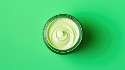 Jar of cosmetic cream on solid green background, top view. Space for text, empty space.