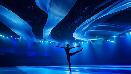 ballerina silhouette  in dark blue room on stage performing a dance
