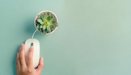 A human hand operating a white computer mouse connected to a succulent plant on a pastel green background.