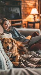 Naklejka na ściany i meble Couple chill dog love home lifestyle dwelling laptop leisure