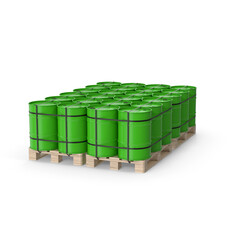 Stacked Green Barrels On Wood Pallets