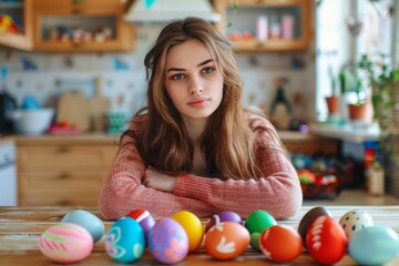 Fototapeta na wymiar Beautiful woman sitting at a table with a collection of brightly colored Easter eggs, portraying seasonal joy