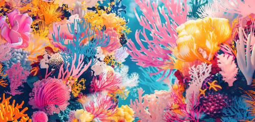colorful abstract illustration of a coral reef with a variety of vibrant sea life - obrazy, fototapety, plakaty