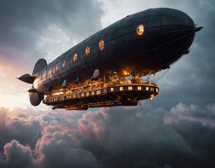 A fantastic airship flies in the clouds, night, lights are on in the cabins, thunderstorm, the...